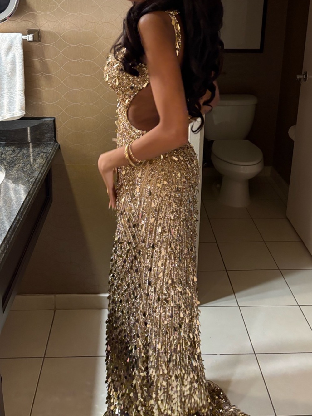 Sherri Hill 54912 Gold Sequin Floor Length Dress with High Front Slit - Picture 6 of 8